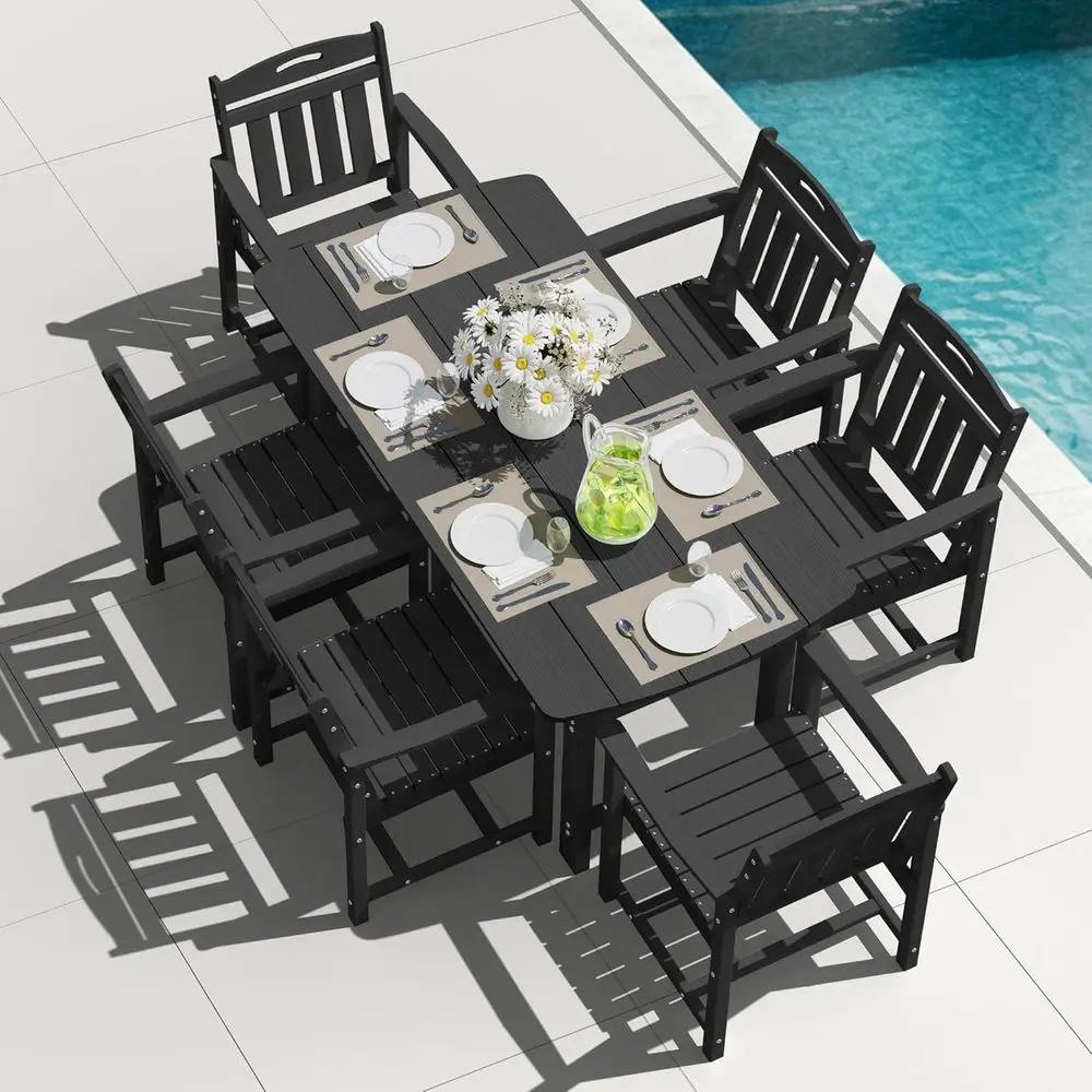 All-Weather 7-Piece HDPE Outdoor Dining Set with 6 Chairs and Umbrella Hole for Patio, Garden, Poolside, Deck | Black
All-Weather 7-Piece HDPE Outdoor Dining Set with 6 Chairs and Umbrella Hole for Patio, Garden, Poolside, Deck | Black