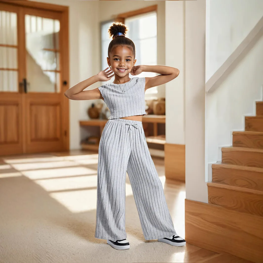 summer two piece set baby girls gray tracksuit children clothing ribbed knitted crop top tshirt wide leg pants 3 to 10 years
summer two piece set baby girls gray tracksuit children clothing ribbed knitted crop top tshirt wide leg pants 3 to 10 years