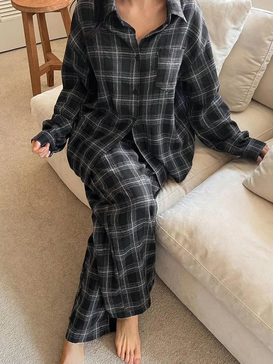 Women Plaid Pajama Set Loose Fit Long Sleeve Shirt And Long Pants For Autumn Winter
Women Plaid Pajama Set Loose Fit Long Sleeve Shirt And Long Pants For Autumn Winter