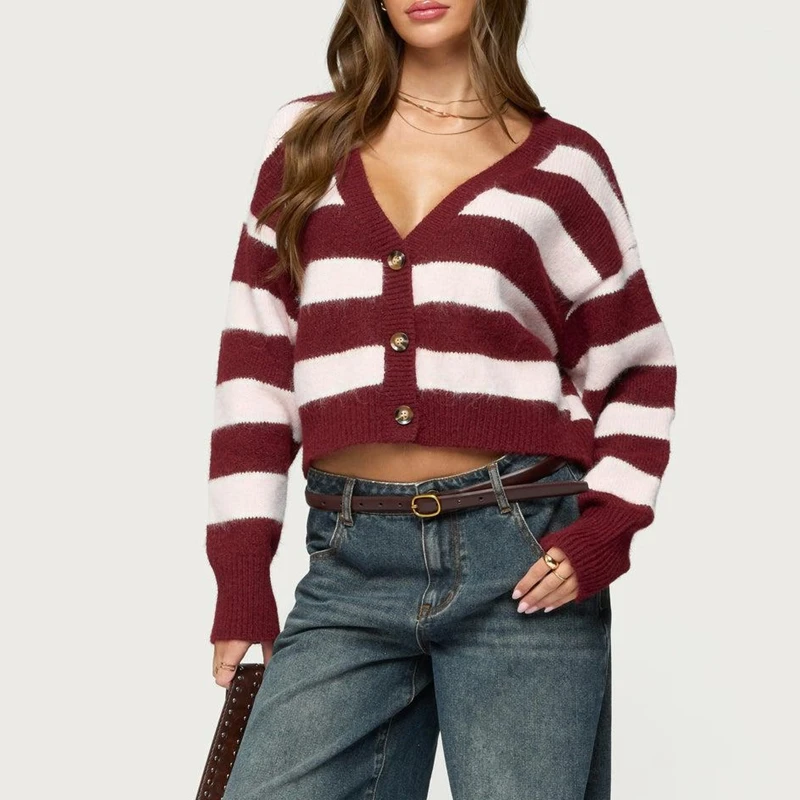 Women Button-up Deep V-Neck Knit Sweater Coats Long Sleeve Loose Y2k Striped Contrast Color Cropped Knitwear Cardigan
Women Button-up Deep V-Neck Knit Sweater Coats Long Sleeve Loose Y2k Striped Contrast Color Cropped Knitwear Cardigan