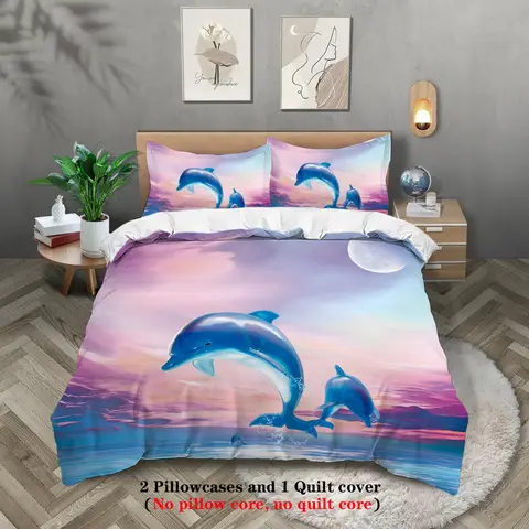 3-piece set, cartoon dolphin pattern printed bedding set, queen, king, double bed, for bedroom, guestroom, hotel