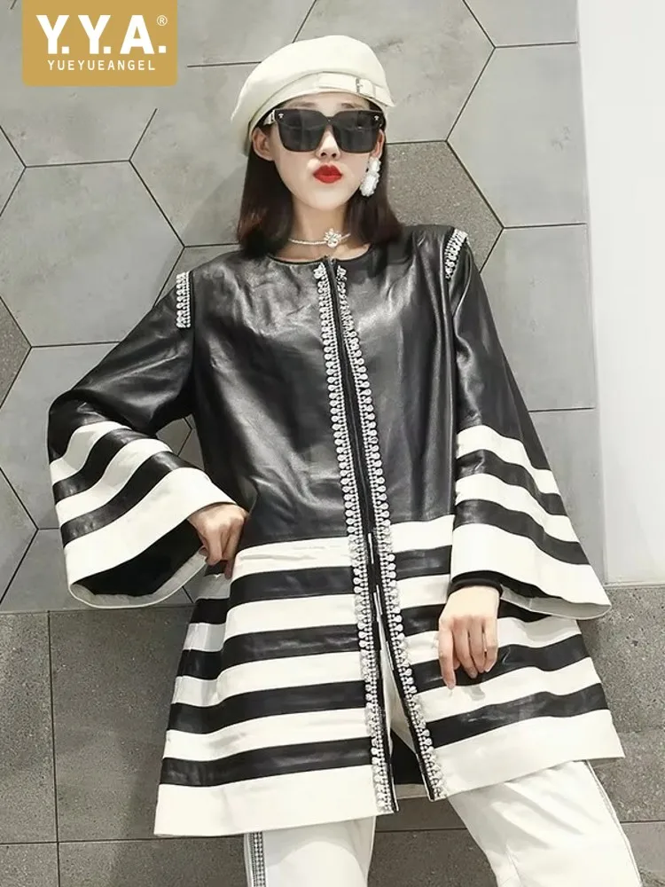 Flare Sleeve Genuine Leather Jacket Office Ladies Elegant Loose Long Coat Luxury Diamonds Striped Jackets Women Sheepskin Coats
Flare Sleeve Genuine Leather Jacket Office Ladies Elegant Loose Long Coat Luxury Diamonds Striped Jackets Women Sheepskin Coats