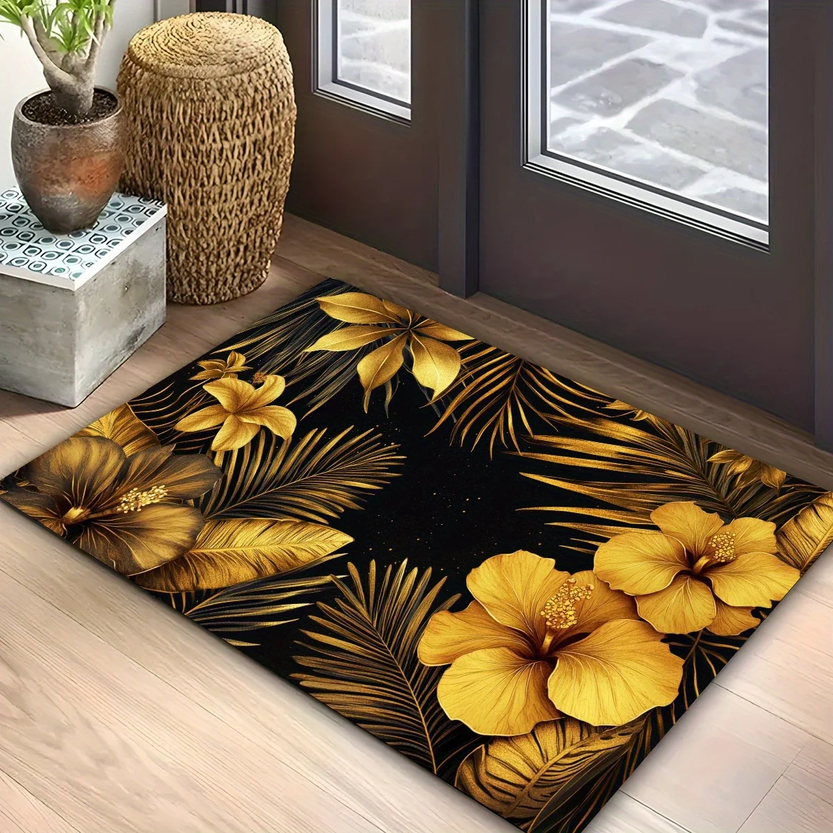1 шт. золотой напольный коврик с тропическим цветочным узором, полиэфирная ткань, можно стирать в машине, подходит для украшения спальни, гостиной