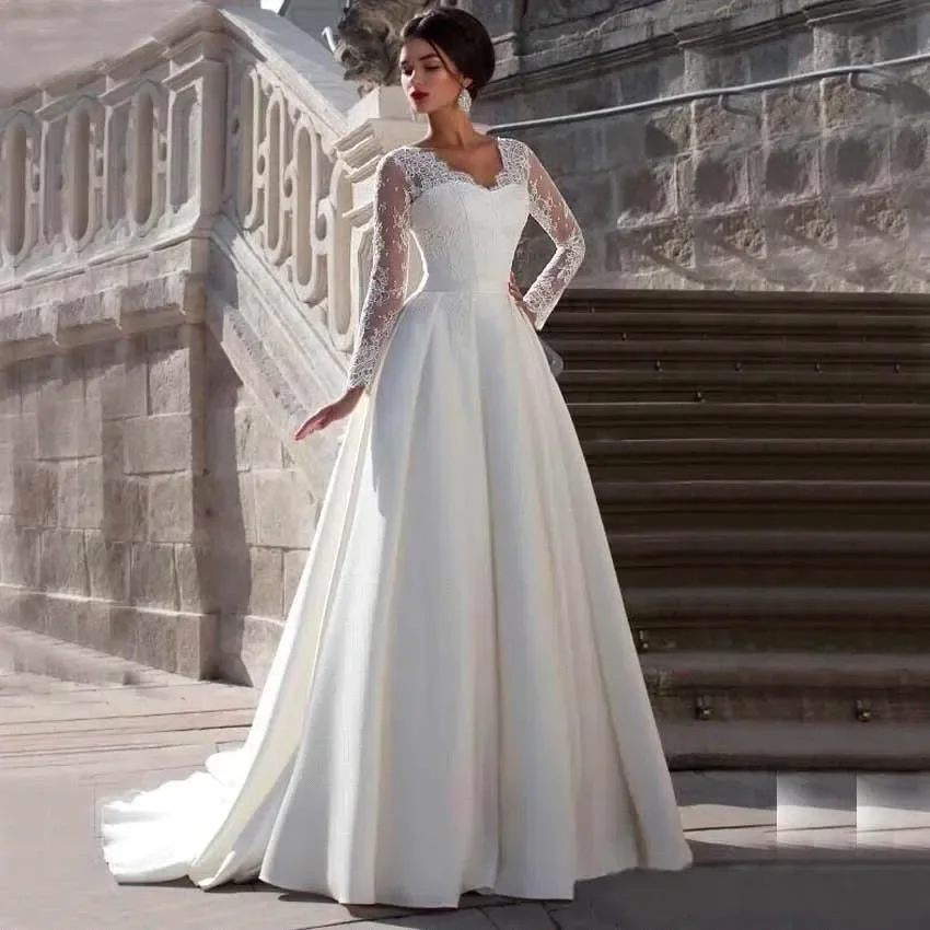 Flavinke Customized Elegant A-line Satin Wedding Dresses 2025 Lace Decal V-neck Long Sleeved Women's Princess Robe
Flavinke Customized Elegant A-line Satin Wedding Dresses 2025 Lace Decal V-neck Long Sleeved Women's Princess Robe
