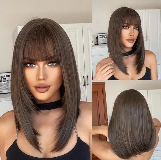 Brown Straight Bob Synthetic Wigs Middle Length Natural Wigs with Bangs for Women Heat Resistant Cosplay Daily Hair Wigs
Brown Straight Bob Synthetic Wigs Middle Length Natural Wigs with Bangs for Women Heat Resistant Cosplay Daily Hair Wigs