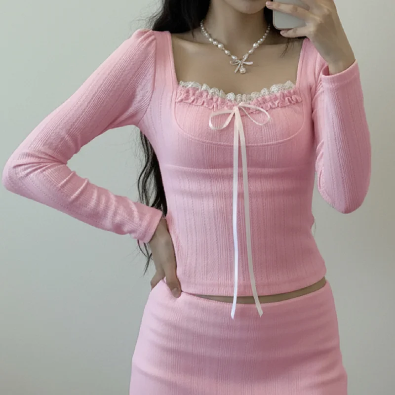 Sweet Girl Style Pink Lace Square Neck Casual Top With Bow Tie, Slim Fit Long Sleeved Women
Sweet Girl Style Pink Lace Square Neck Casual Top With Bow Tie, Slim Fit Long Sleeved Women