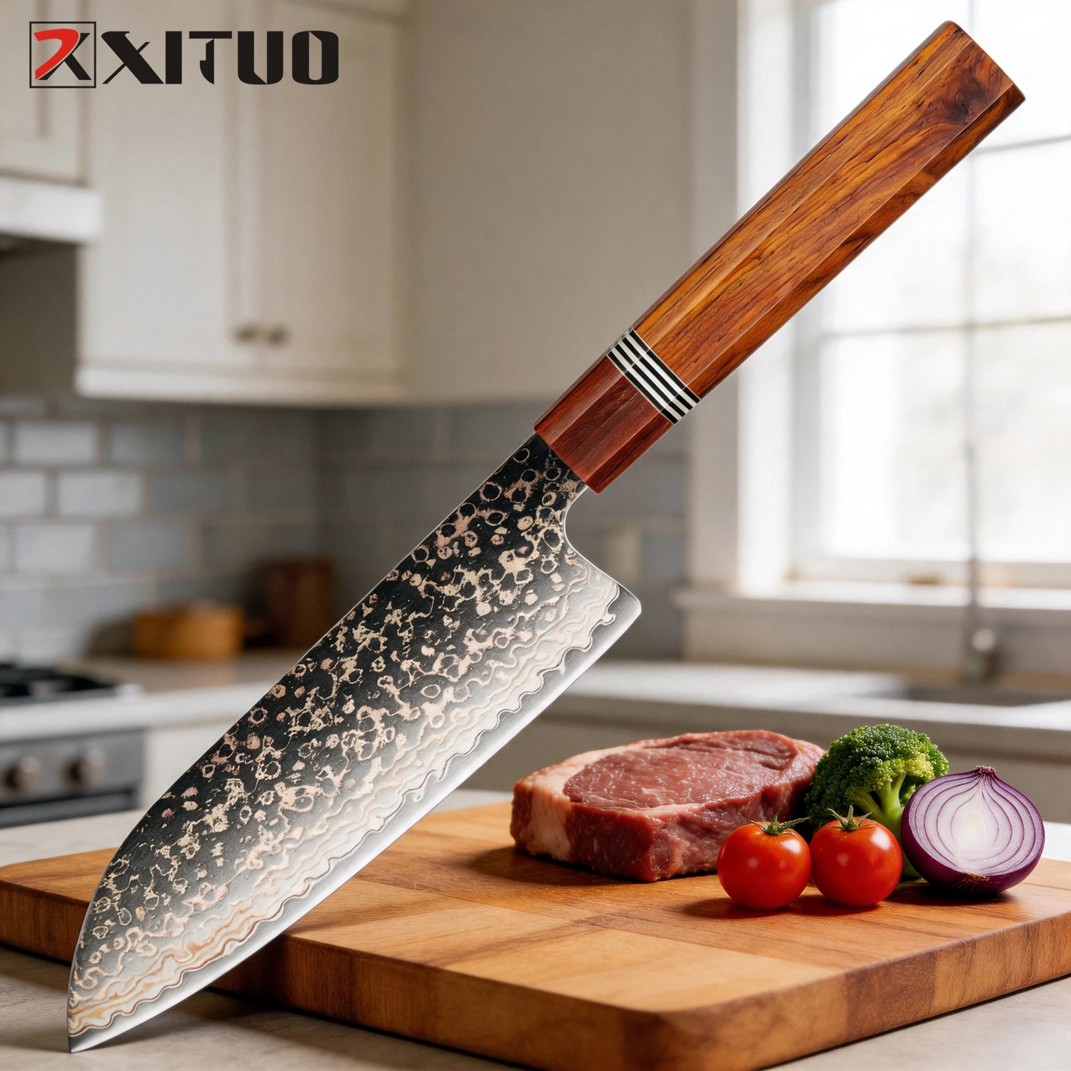 XITUO 7 Inch Santoku Knife, Rosewood Handle, 37-layer Copper Damascus Steel Sharp Kitchen Cooking Knife for Cut Vegetables, Meat
XITUO 7 Inch Santoku Knife, Rosewood Handle, 37-layer Copper Damascus Steel Sharp Kitchen Cooking Knife for Cut Vegetables, Meat