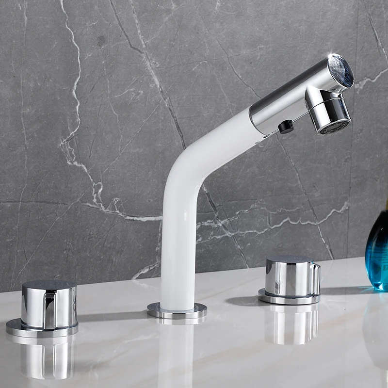 White Brass Bathroom Pull-out Basin Faucet Double Handle Three Holes Mix Hot and Cold Faucets Black Kitchen Sink Faucet
White Brass Bathroom Pull-out Basin Faucet Double Handle Three Holes Mix Hot and Cold Faucets Black Kitchen Sink Faucet