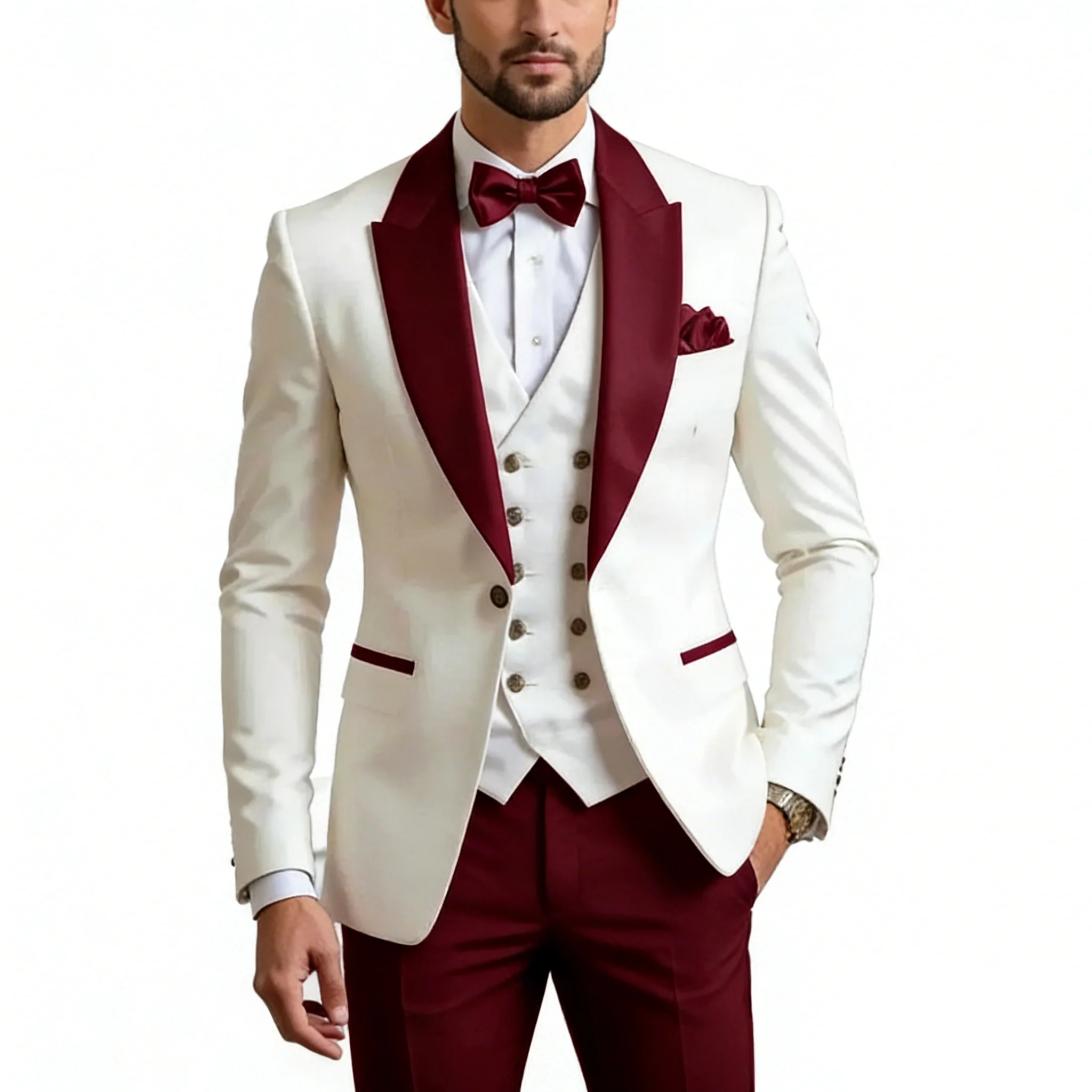 White And Burgundy Business Tuxedos Formal Occasion Groom Groomsman Wedding Party Prom Suit Male 3 Piece Set Blazer+Vest+ Pants
White And Burgundy Business Tuxedos Formal Occasion Groom Groomsman Wedding Party Prom Suit Male 3 Piece Set Blazer+Vest+ Pants