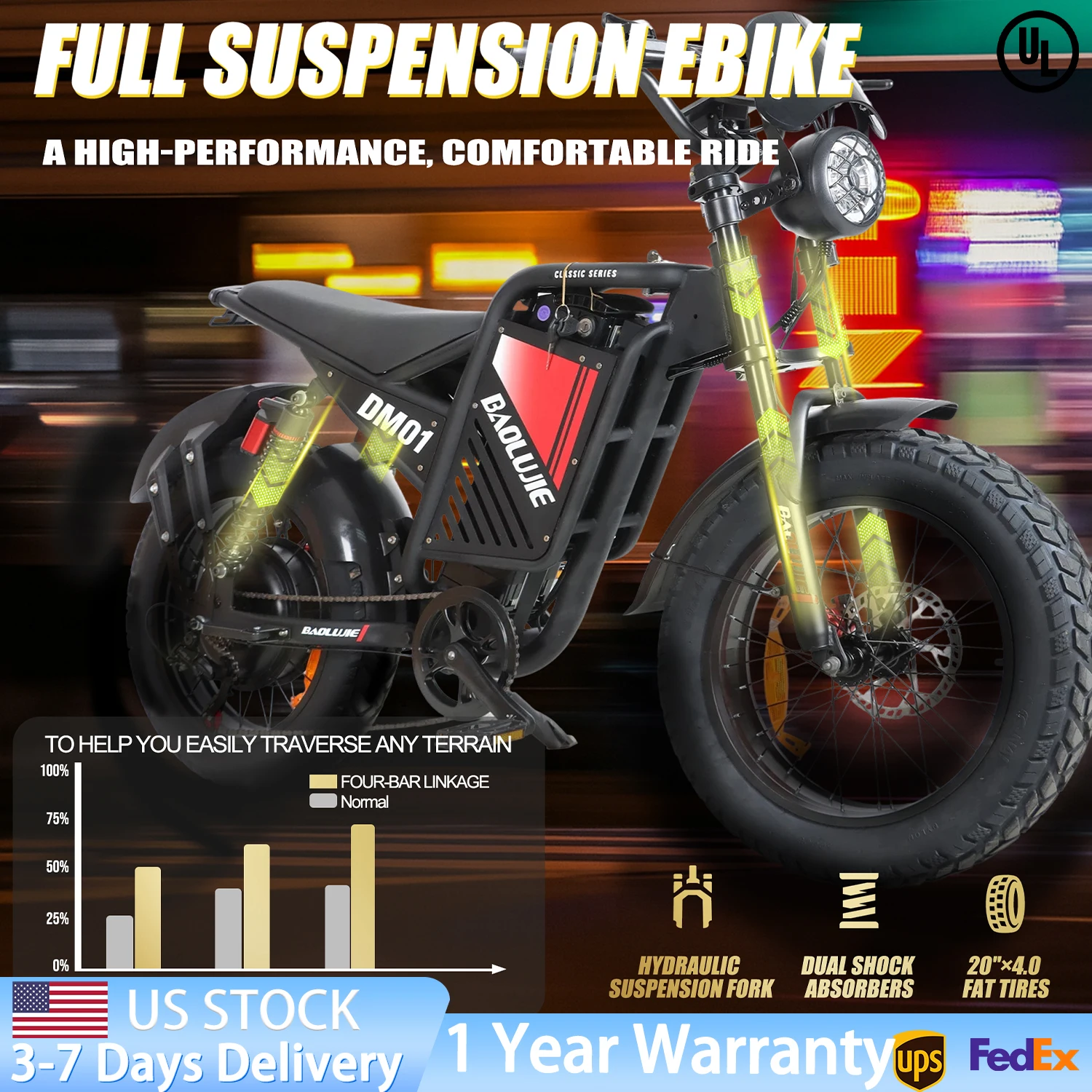 BAOLUJIE DM01 Electric Bike 2000W Motor Electric Dirt Bike 60V Electric Bicycle for Adults 20" Fat Tire UL2849【1 Year Warranty】
BAOLUJIE DM01 Electric Bike 2000W Motor Electric Dirt Bike 60V Electric Bicycle for Adults 20" Fat Tire UL2849【1 Year Warranty】