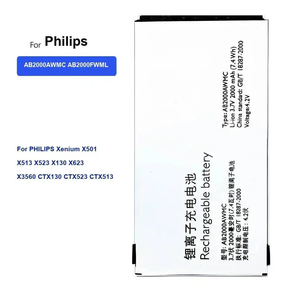Mobile Phone Battery AB2000AWMC AB2000FWML 2000Mah For Philips Xenium X501 X513 X523 X130 X623 X3560 CTX130 CTX523 CTX513
Mobile Phone Battery AB2000AWMC AB2000FWML 2000Mah For Philips Xenium X501 X513 X523 X130 X623 X3560 CTX130 CTX523 CTX513