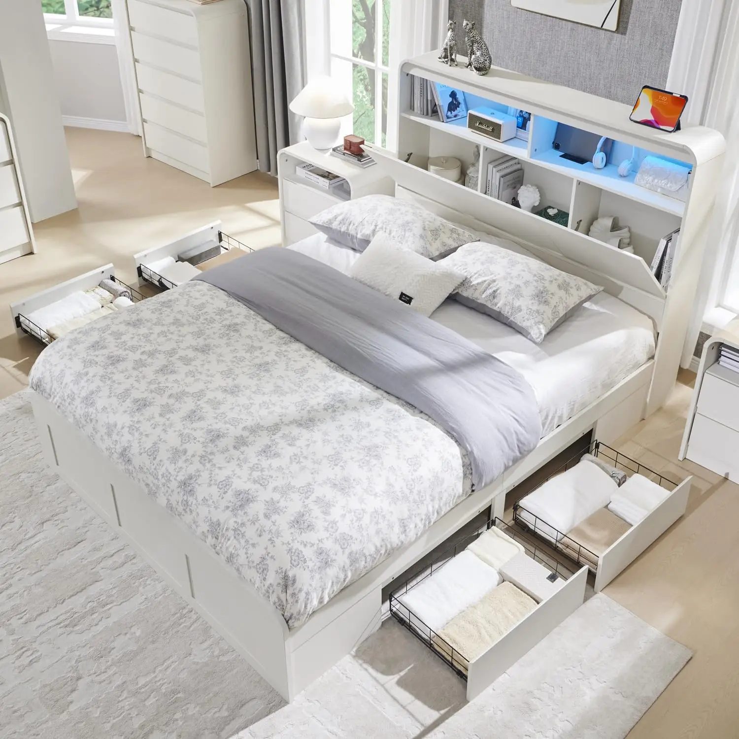 Modern Queen Size Bed Frame with 50" Tall Storage Headboard, Wood Queen Size Platform Bed Frame w/4 Drawers,Curved Profile
Modern Queen Size Bed Frame with 50" Tall Storage Headboard, Wood Queen Size Platform Bed Frame w/4 Drawers,Curved Profile
