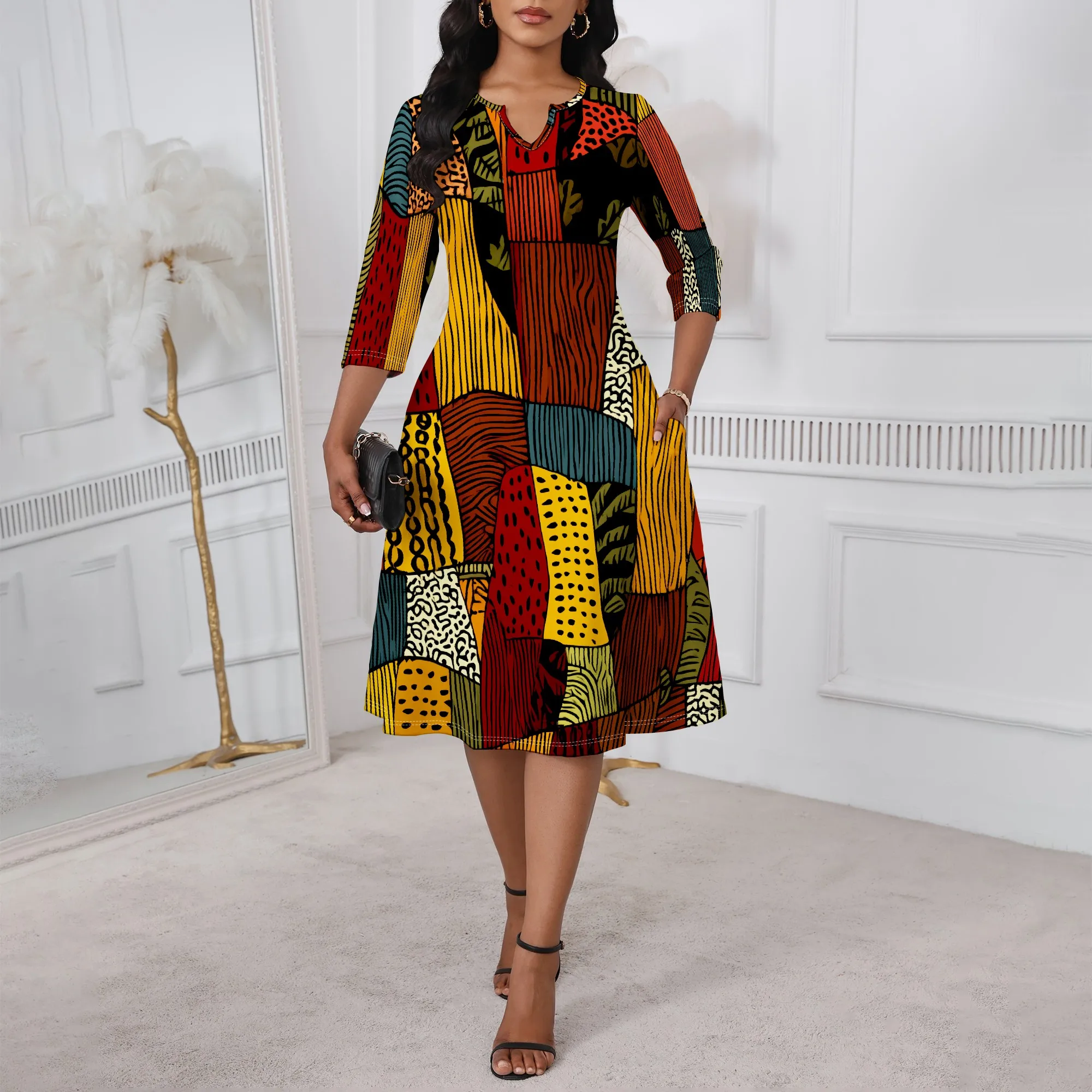 Patchwork African Print Dress XS-3XL Ethnic A-Line Style with V-Neck for Juneteenth, Kwanzaa or Cultural Heritage Celebration
Patchwork African Print Dress XS-3XL Ethnic A-Line Style with V-Neck for Juneteenth, Kwanzaa or Cultural Heritage Celebration