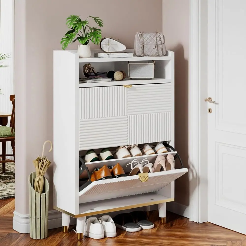 Shoe Storage Cabinet with 2 lip Ders, Narrow Hidden Shoe Cabinet with Gold Handles and Open Shel, reestanding Wood Shoes Organiz
Shoe Storage Cabinet with 2 lip Ders, Narrow Hidden Shoe Cabinet with Gold Handles and Open Shel, reestanding Wood Shoes Organiz