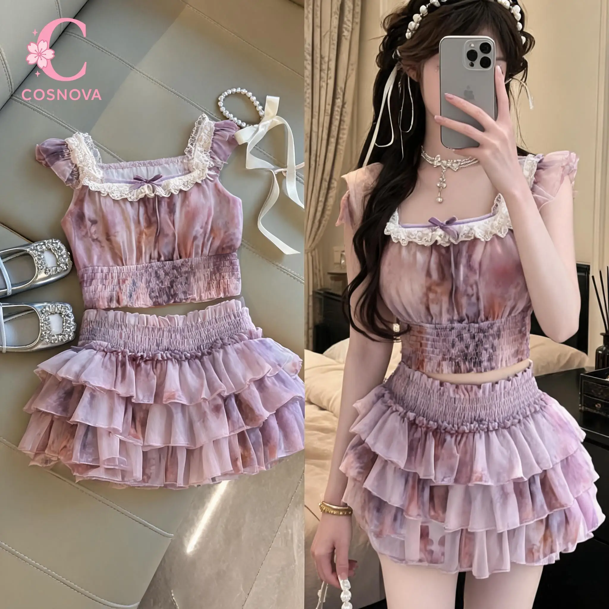 French Coquette Lace Ruffle Ruched 2 Piece Set Women Tie Dye Print Crop Top Layered Mini Skirt Slim Fit Party Date Casual Outfit
French Coquette Lace Ruffle Ruched 2 Piece Set Women Tie Dye Print Crop Top Layered Mini Skirt Slim Fit Party Date Casual Outfit