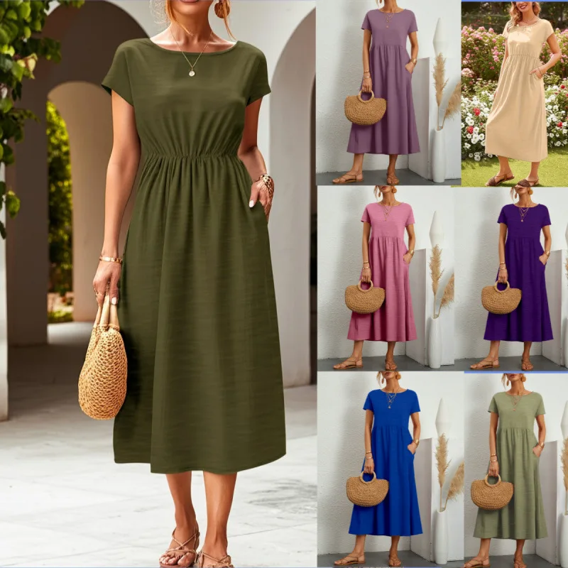 Solid Color Splicing Ice Silk Casual Round Neck Short Sleeve Long Dress for Women 2026 Summer Breathable Loose Midi Dress
Solid Color Splicing Ice Silk Casual Round Neck Short Sleeve Long Dress for Women 2026 Summer Breathable Loose Midi Dress