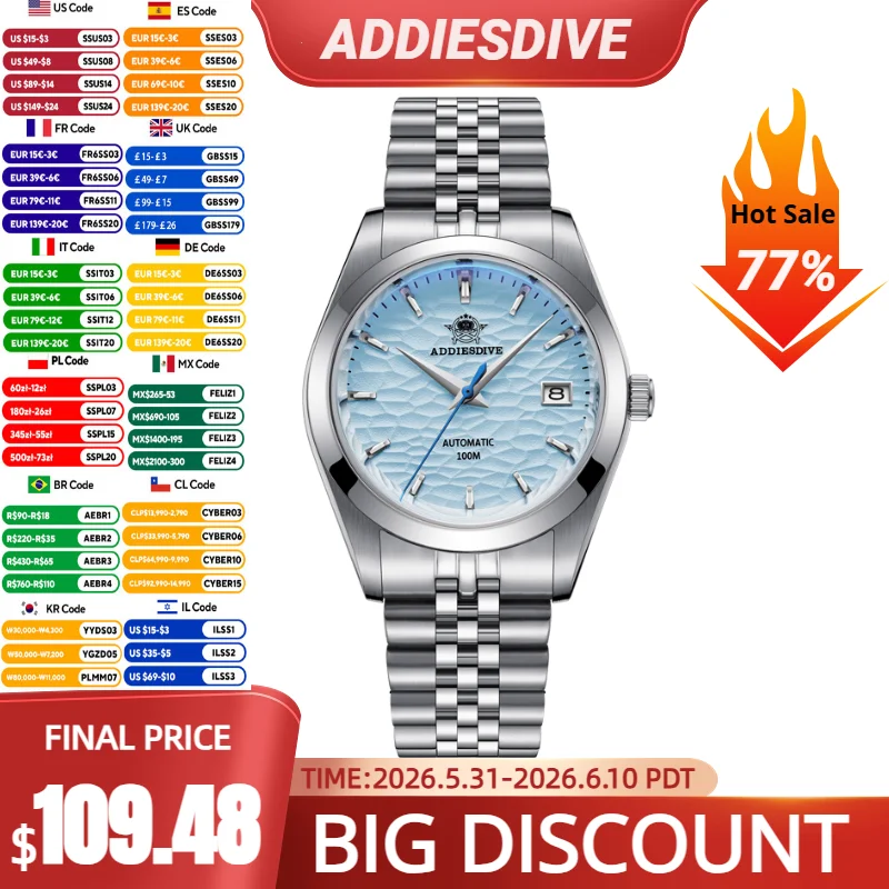 ADDIESDIVE Watch For Men 39mm Wave Texture Dial Luxury Business Mechanical Watches 100m Waterproof Stainless Steel WristWatch
ADDIESDIVE Watch For Men 39mm Wave Texture Dial Luxury Business Mechanical Watches 100m Waterproof Stainless Steel WristWatch