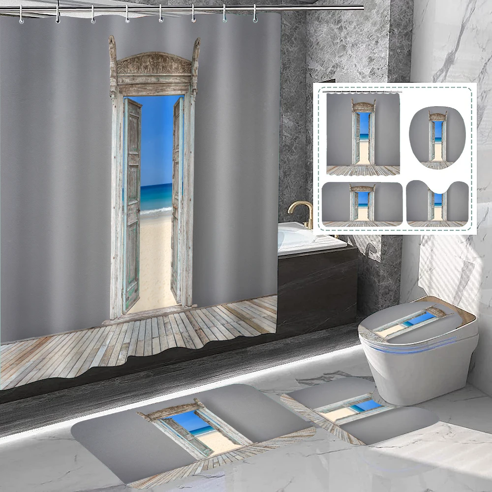 1 set of gray wood grain outdoor beach print shower curtains, summer style, with 12 hooks and bathroom floor mats
1 set of gray wood grain outdoor beach print shower curtains, summer style, with 12 hooks and bathroom floor mats