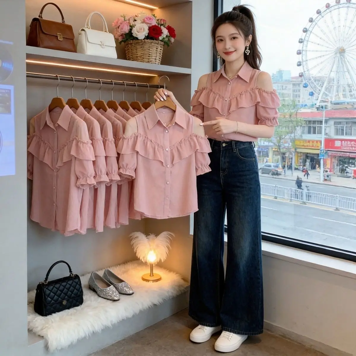 Fashionable Shoulder-baring Short Sleeve Chiffon Shirt Women's Summer Korean Style Shirt with Wood Grain Elegant Top
Fashionable Shoulder-baring Short Sleeve Chiffon Shirt Women's Summer Korean Style Shirt with Wood Grain Elegant Top
