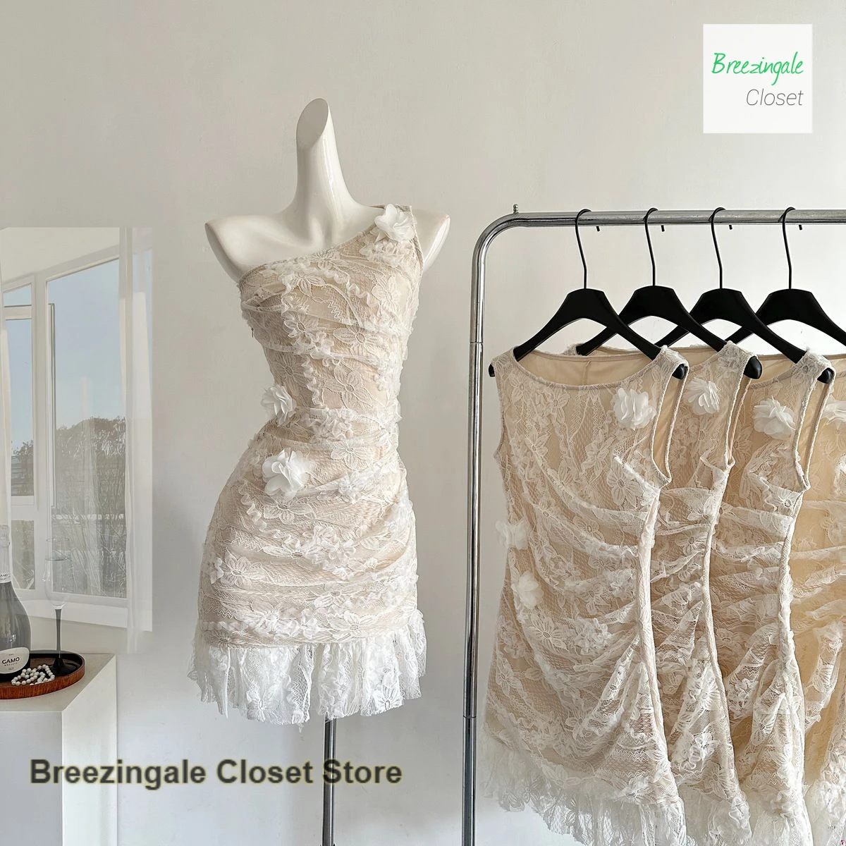 French sexy diagonal shoulder lace dress female summer new sweet wind three-dimensional flowers waist slim bag hip skirt.
French sexy diagonal shoulder lace dress female summer new sweet wind three-dimensional flowers waist slim bag hip skirt.