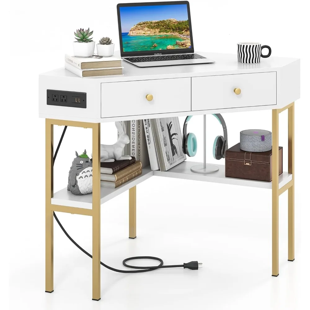 White Corner Desk with 2 Drawers & Built-in Charging Station, 90 Degrees Triangle Corner Computer Desk for Small Space
White Corner Desk with 2 Drawers & Built-in Charging Station, 90 Degrees Triangle Corner Computer Desk for Small Space