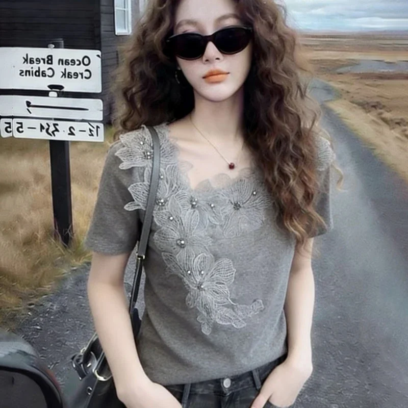 Gray Floral Lace Embroidered V Neck Short Sleeve T Shirt Women Casual Loose Fit Spring Summer Top
Gray Floral Lace Embroidered V Neck Short Sleeve T Shirt Women Casual Loose Fit Spring Summer Top