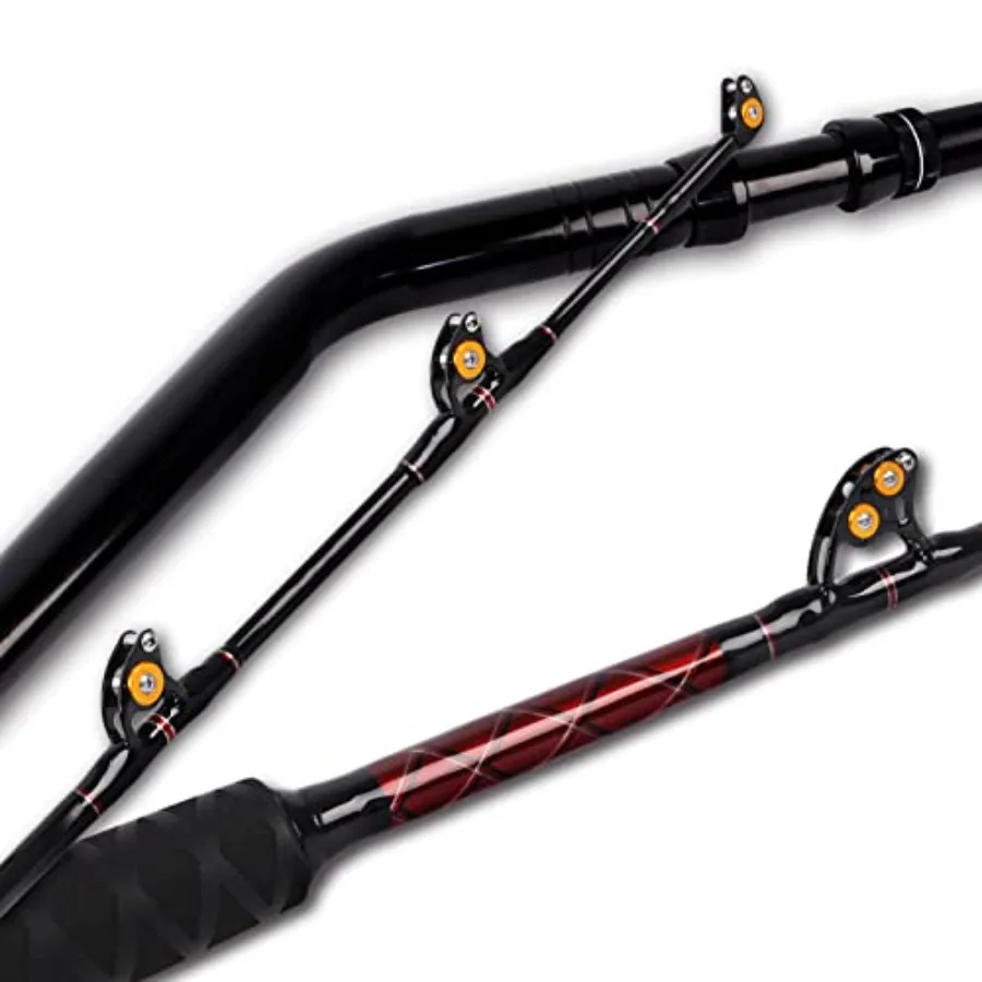 Saltwater fishing trolling rod for boat use, heavy-duty fiberglass, black, 1-piece design with roller guides for 50-80lb/80-120
Saltwater fishing trolling rod for boat use, heavy-duty fiberglass, black, 1-piece design with roller guides for 50-80lb/80-120