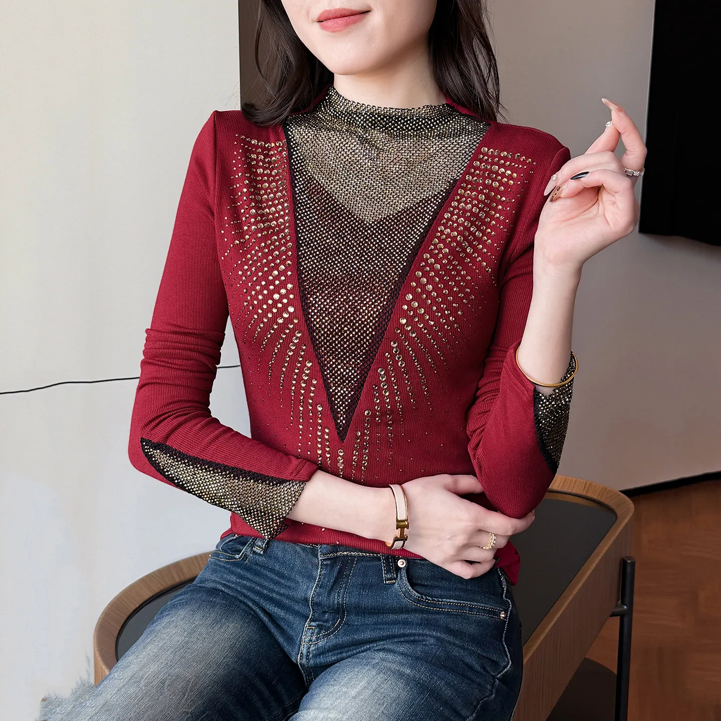 Women's Slim Fit Long Sve Fce Lined Base Tee High Collar Inner Wear Diamond Embellied Korean Sle Commute Faion
Women's Slim Fit Long Sve Fce Lined Base Tee High Collar Inner Wear Diamond Embellied Korean Sle Commute Faion