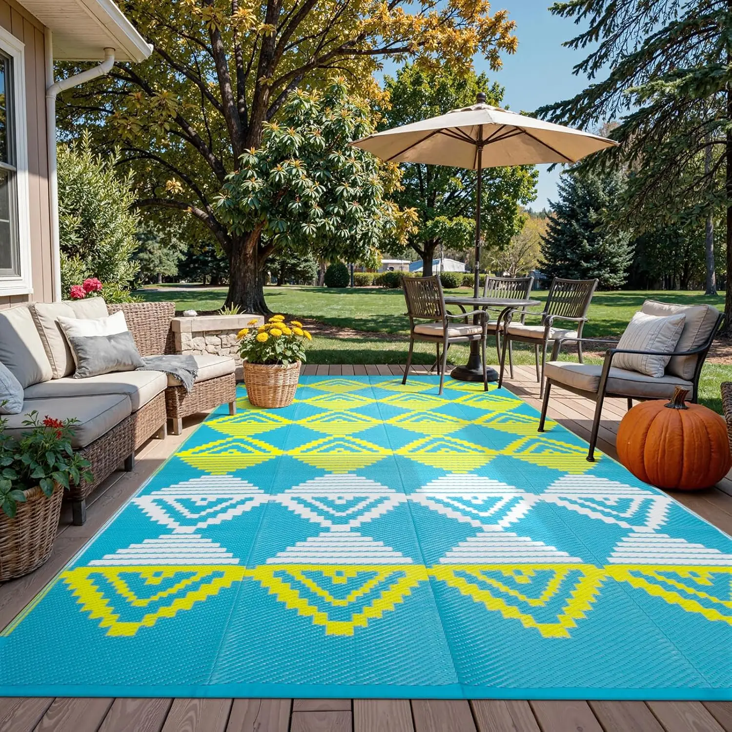 8x10 Waterproof Outdoor Rug, Geometric Reversible Plastic Mat for Camping, Porch, Deck, Backyard, Balcony - Blue & Yellow
8x10 Waterproof Outdoor Rug, Geometric Reversible Plastic Mat for Camping, Porch, Deck, Backyard, Balcony - Blue & Yellow