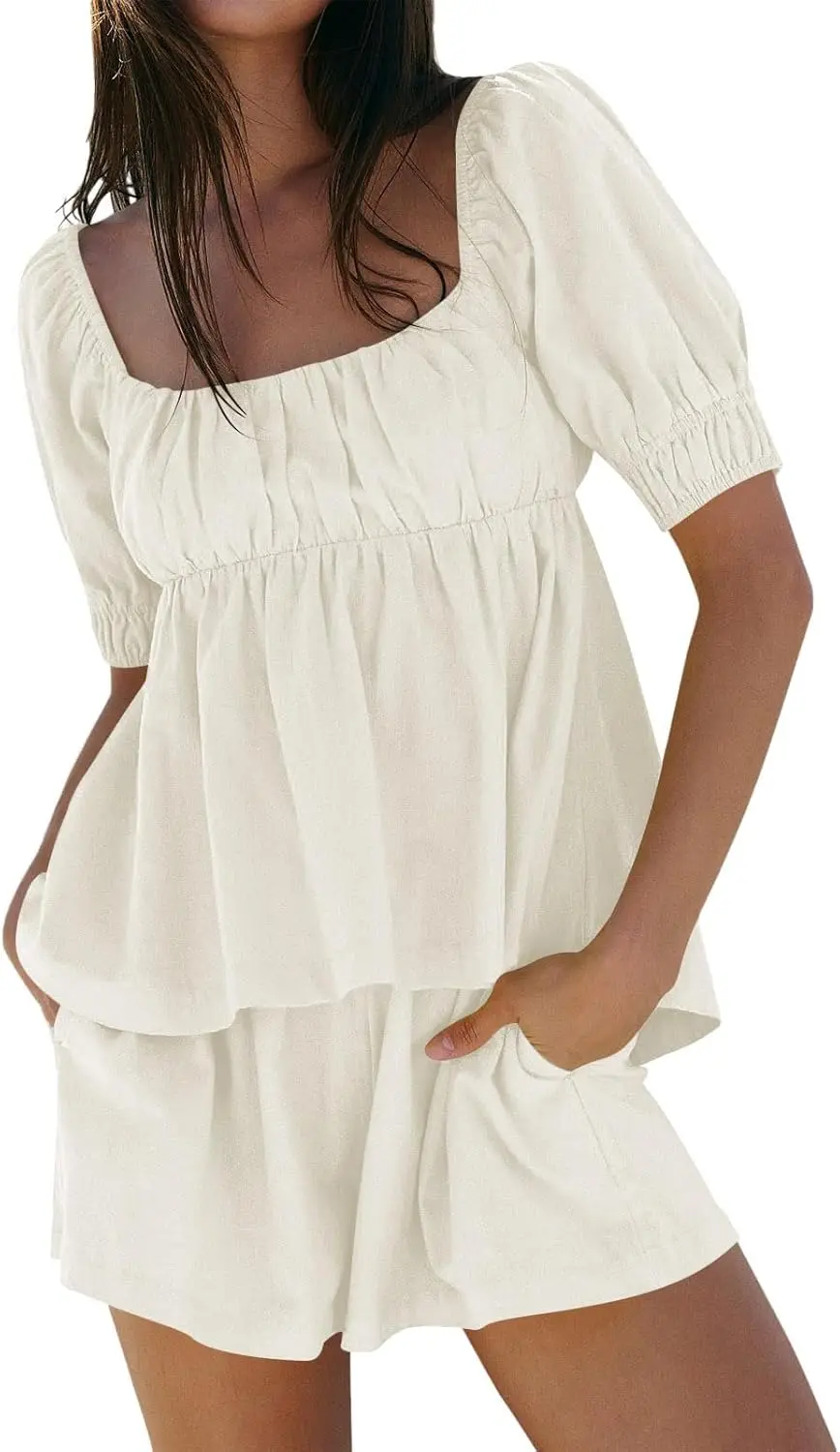 Two Piece Short Sets for Women 2025 Short Puff Sleeve Tie Back Babydoll Tops and Shorts Cute 2 Piece Vacation Outfits
Two Piece Short Sets for Women 2025 Short Puff Sleeve Tie Back Babydoll Tops and Shorts Cute 2 Piece Vacation Outfits