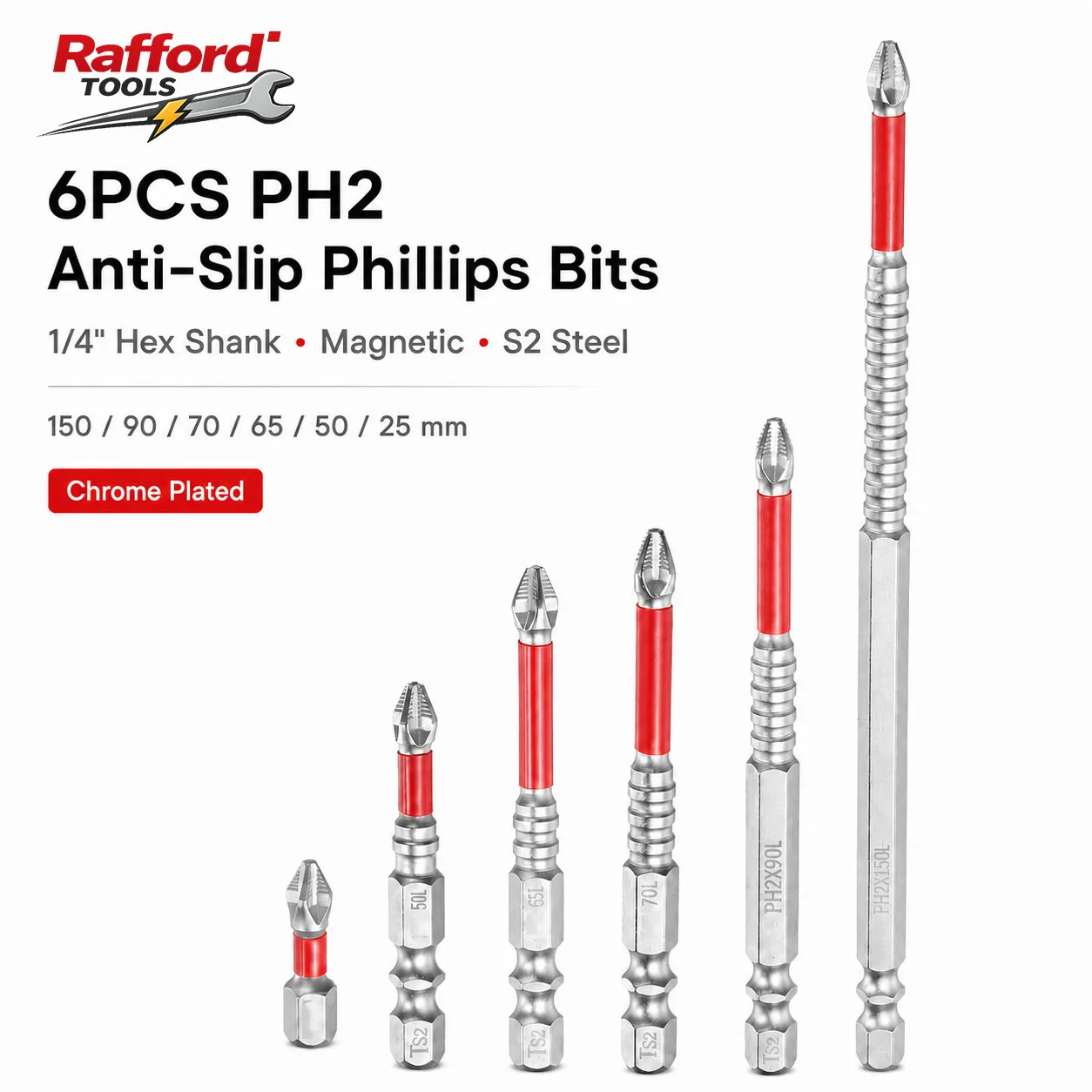 Rafford 6PCS PH2 Anti-Slip Phillips Screwdriver Bits, 1/4" Hex Shank Magnetic S2 Steel Drill Bit Set 25/50/65/70/90/150mm
Rafford 6PCS PH2 Anti-Slip Phillips Screwdriver Bits, 1/4" Hex Shank Magnetic S2 Steel Drill Bit Set 25/50/65/70/90/150mm