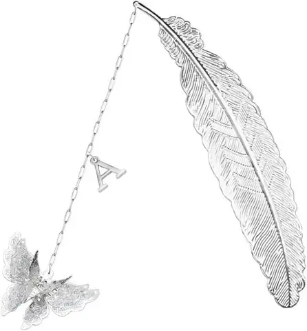 Marque-page plume en métal avec initiale et papillon, cadeau personnalisé en argent pour les amateurs de livres