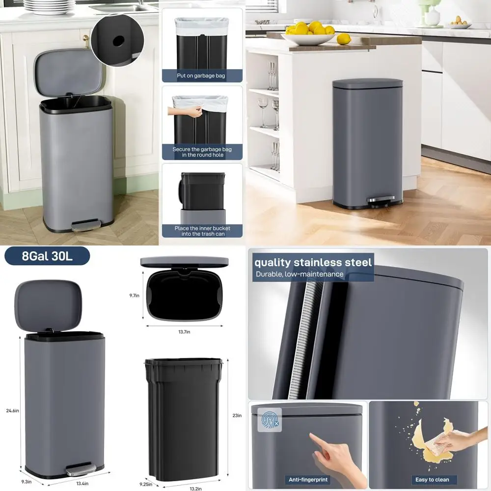 30L Grey Stainless Steel Step Trash Can with Removable Inner Bucket, Touch-Proof Lid for Kitchen and Home Use
30L Grey Stainless Steel Step Trash Can with Removable Inner Bucket, Touch-Proof Lid for Kitchen and Home Use