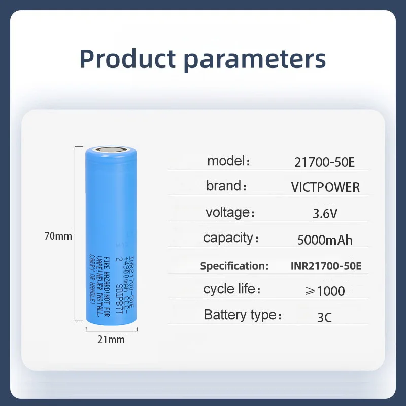 Victpower 10 шт. 3,7 В 21700 5000 мАч литиевая аккумуляторная батарея с высоким увеличением цилиндрические ионные батареи для игрушек
Victpower 10 шт. 3,7 В 21700 5000 мАч литиевая аккумуляторная батарея с высоким увеличением цилиндрические ионные батареи для игрушек