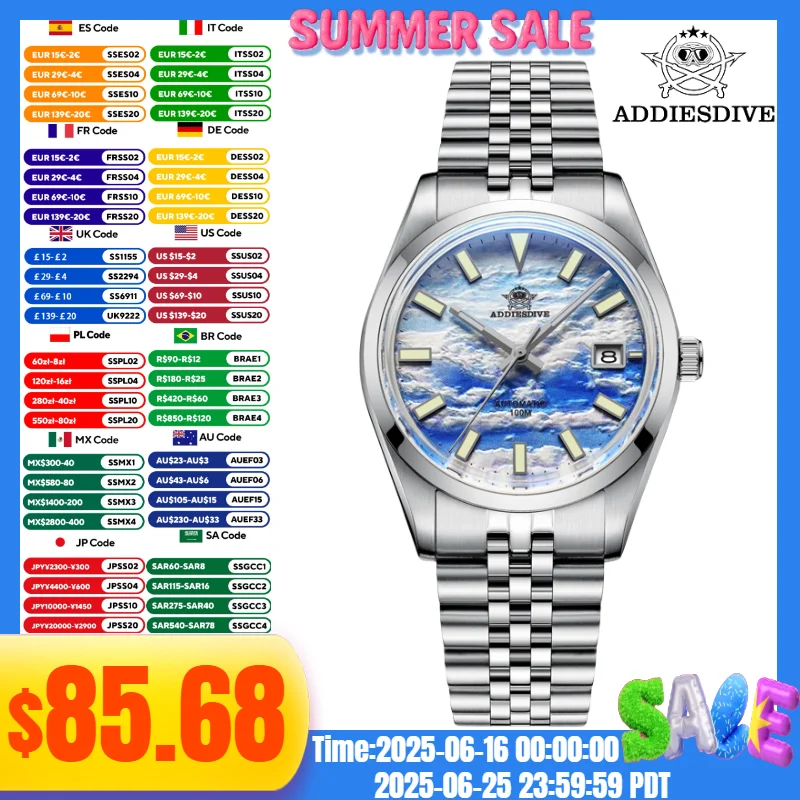 ADDIESDIVE Men Casual Watch 3D Sea Of Clouds Dial Luminous 10Bar Jubilee Strap Mechanical Watches reloj hombre
ADDIESDIVE Men Casual Watch 3D Sea Of Clouds Dial Luminous 10Bar Jubilee Strap Mechanical Watches reloj hombre