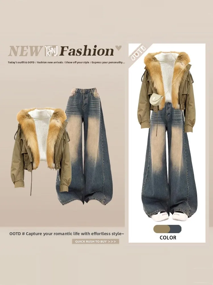 een Retro Workwear Jaet Top Women's Winter Base irt High Waist Jeans Tee Piece Set Large Fur Collar Casual Faion
een Retro Workwear Jaet Top Women's Winter Base irt High Waist Jeans Tee Piece Set Large Fur Collar Casual Faion
