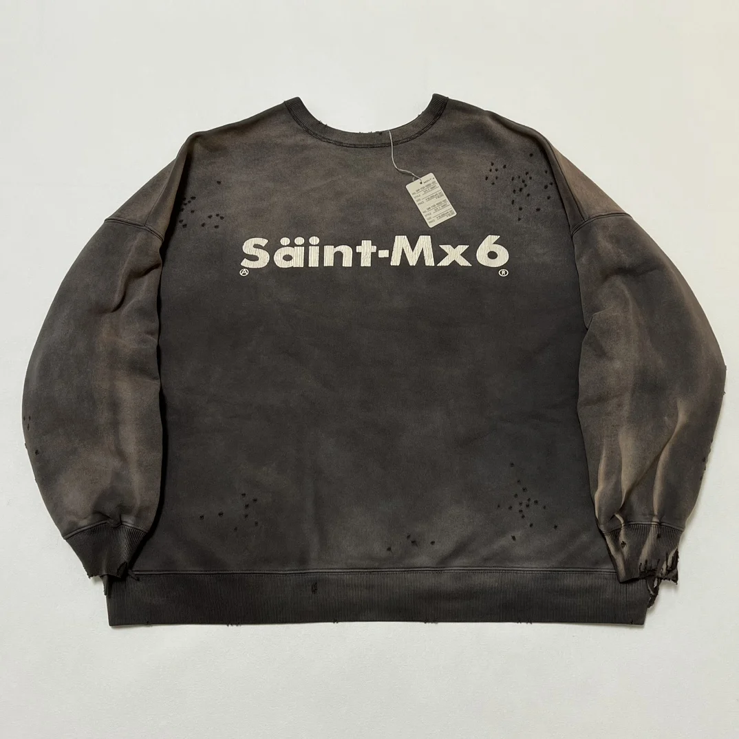 Saint Michael Men Vintage Washed Distressed Sweatshirt Letter Print Ripped Hole Frayed Edge Oversized Crewneck Pullover
Saint Michael Men Vintage Washed Distressed Sweatshirt Letter Print Ripped Hole Frayed Edge Oversized Crewneck Pullover