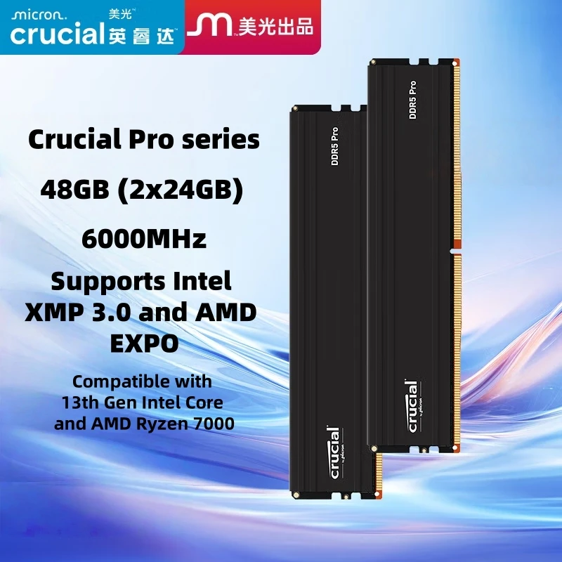 Crucial Pro 48GB DDR5 RAM Kit (2x24GB), 6000MHz (or 5600MHz or 5200MHz or 4800MHz) Desktop Memory UDIMM 288-pin - Black
Crucial Pro 48GB DDR5 RAM Kit (2x24GB), 6000MHz (or 5600MHz or 5200MHz or 4800MHz) Desktop Memory UDIMM 288-pin - Black