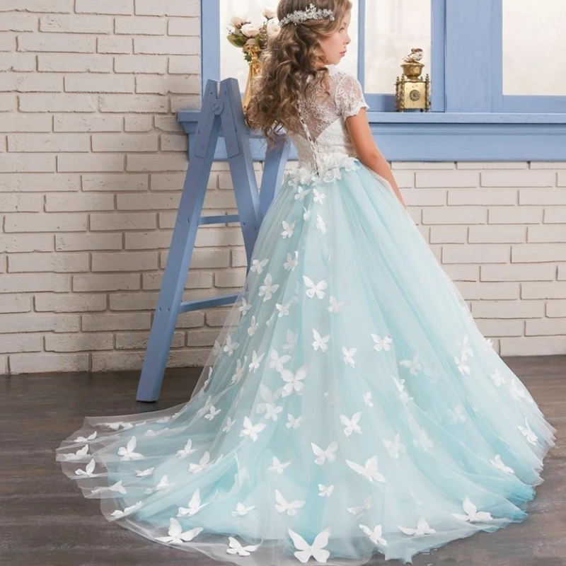 Short Sleeves Flower Girl Dress Formal Light Blue With Cute Butterfly Sweep Pageant Party First Communion Gowns
Short Sleeves Flower Girl Dress Formal Light Blue With Cute Butterfly Sweep Pageant Party First Communion Gowns