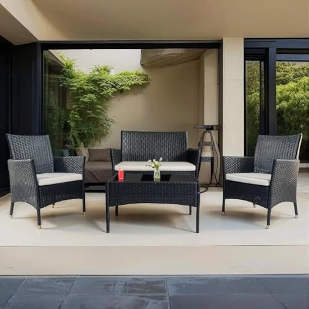 4 Piece Patio Furniture Set, Outdoor Patio Furniture Set with Soft Cushion and Glass Table Rattan Patio Chairs Conversation Sets
4 Piece Patio Furniture Set, Outdoor Patio Furniture Set with Soft Cushion and Glass Table Rattan Patio Chairs Conversation Sets