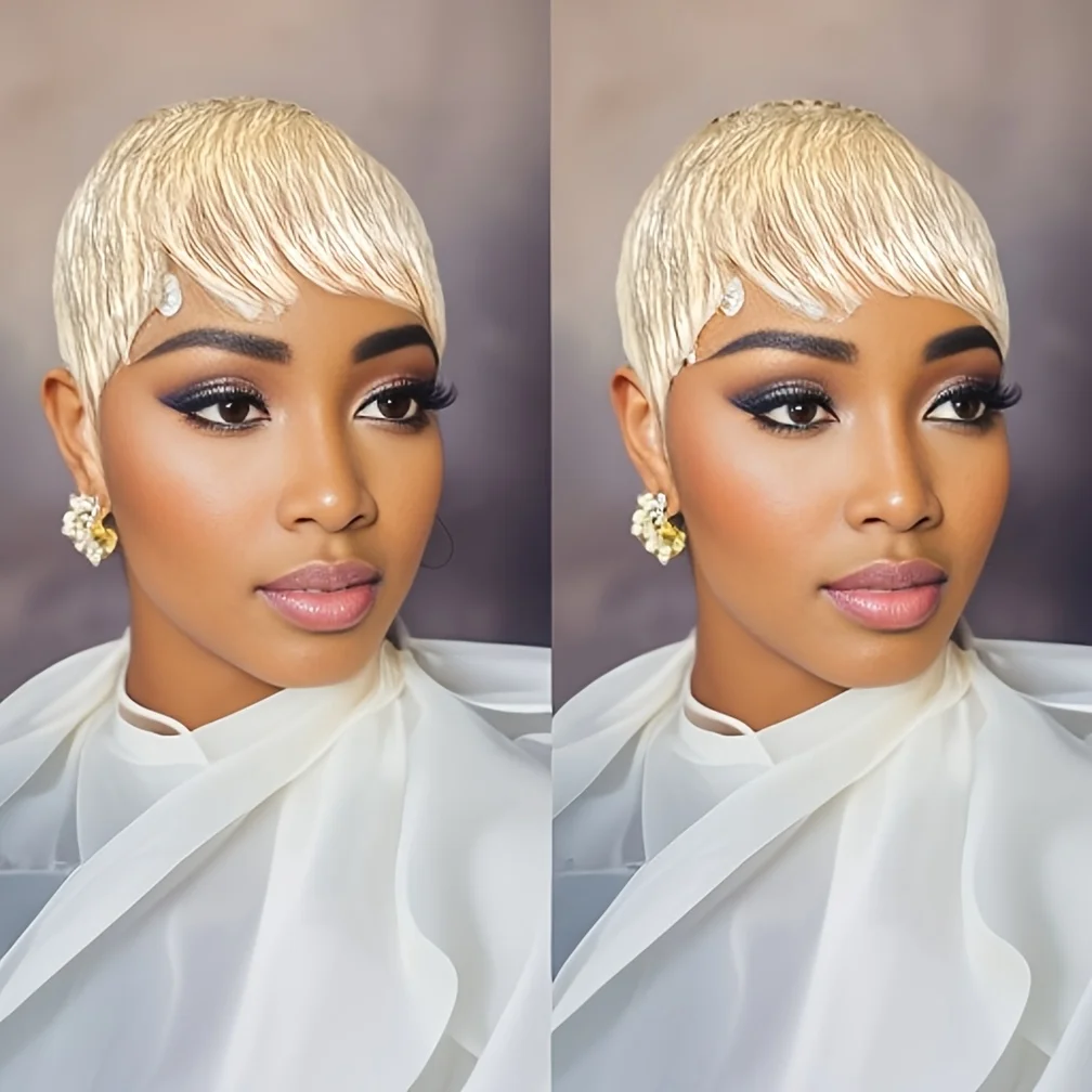 613 Human Hair Wig Blonde Wigs for Women with Bangs Short Pixie Cut Wig Machine Made Wig
613 Human Hair Wig Blonde Wigs for Women with Bangs Short Pixie Cut Wig Machine Made Wig