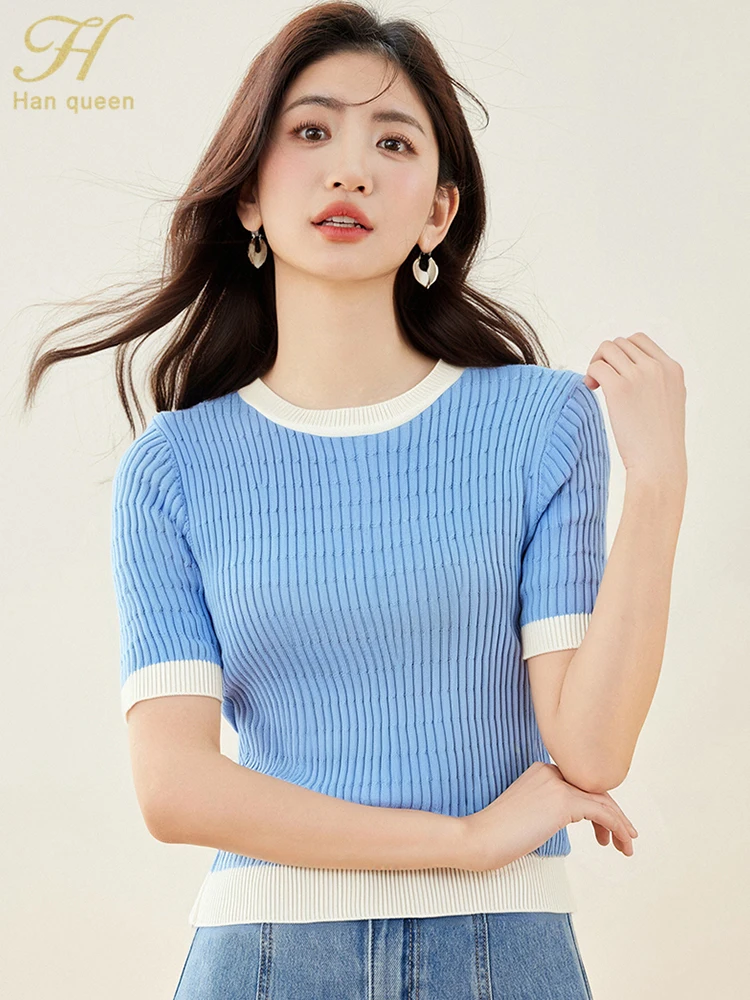 H Han Queen New 2025 Summer Korean Fashion Pullover Sweaters Women Vintage Casual Tops Short Sleeve Basic knitted Woman Clothing 
H Han Queen New 2025 Summer Korean Fashion Pullover Sweaters Women Vintage Casual Tops Short Sleeve Basic knitted Woman Clothing
