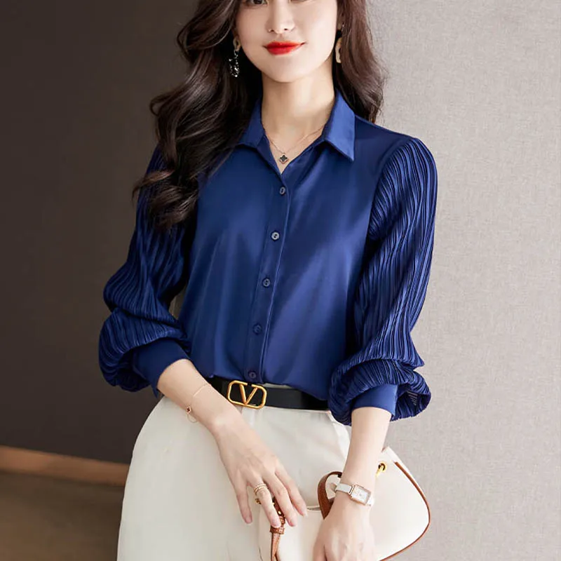Women Fashion All-match Office Lady Top 2024 Spring New Polo Collar Patchwork Pleated Shirts Female Elegant Chic Solid Blouses
Women Fashion All-match Office Lady Top 2024 Spring New Polo Collar Patchwork Pleated Shirts Female Elegant Chic Solid Blouses