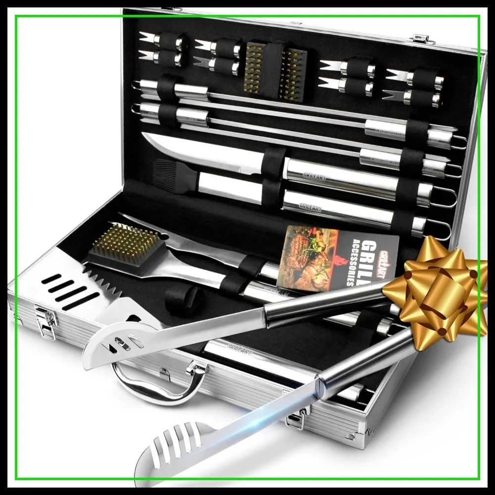 19-Piece Stainless-Steel BBQ Grill Tool Set with Aluminum Storage Case - Complete Outdoor Grilling Kit for Dad, Birthday Gift
19-Piece Stainless-Steel BBQ Grill Tool Set with Aluminum Storage Case - Complete Outdoor Grilling Kit for Dad, Birthday Gift