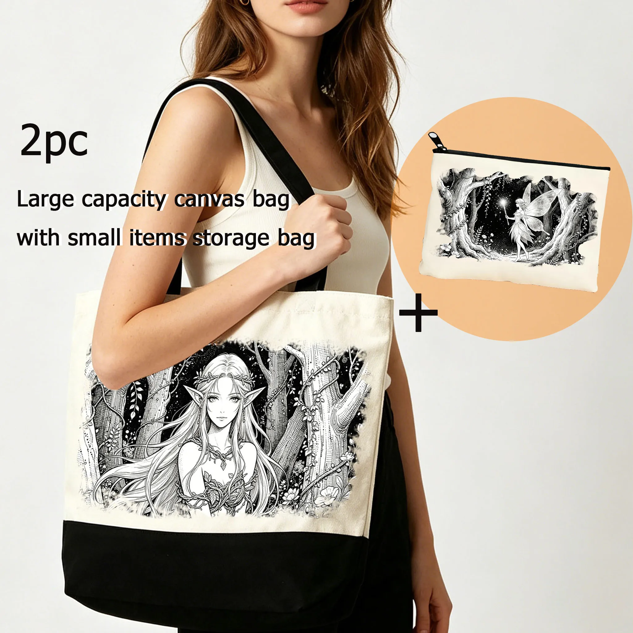 2PC Elf Themed Black And White Illustration Canvas Bag Set with Large Tote And Small Storage Pouch Single Shoulder Canvas Bag
2PC Elf Themed Black And White Illustration Canvas Bag Set with Large Tote And Small Storage Pouch Single Shoulder Canvas Bag