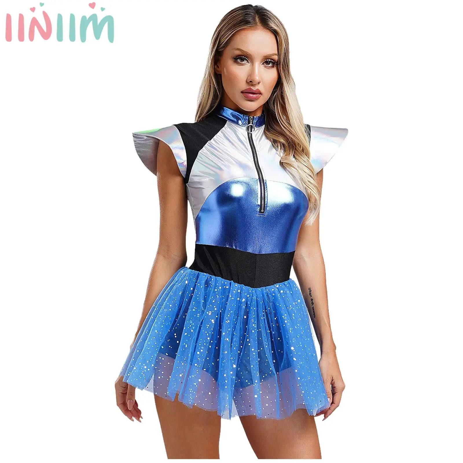 Womens Space Cadet Fly Sleeve Front Zip Sequins Tulle Skirt Jumpsuit Halloween Carnival Party Alien Astronaut Cosplay Costume
Womens Space Cadet Fly Sleeve Front Zip Sequins Tulle Skirt Jumpsuit Halloween Carnival Party Alien Astronaut Cosplay Costume