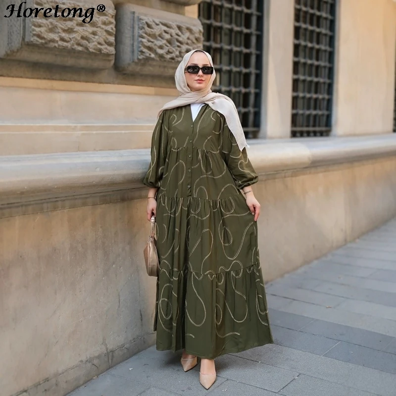 Abstract Line Print Muslim Abaya V Neck Button Front Tiered Loose Lantern Sleeve Modest Casual Maxi Dress Ramadan Eid Daily Wear
Abstract Line Print Muslim Abaya V Neck Button Front Tiered Loose Lantern Sleeve Modest Casual Maxi Dress Ramadan Eid Daily Wear