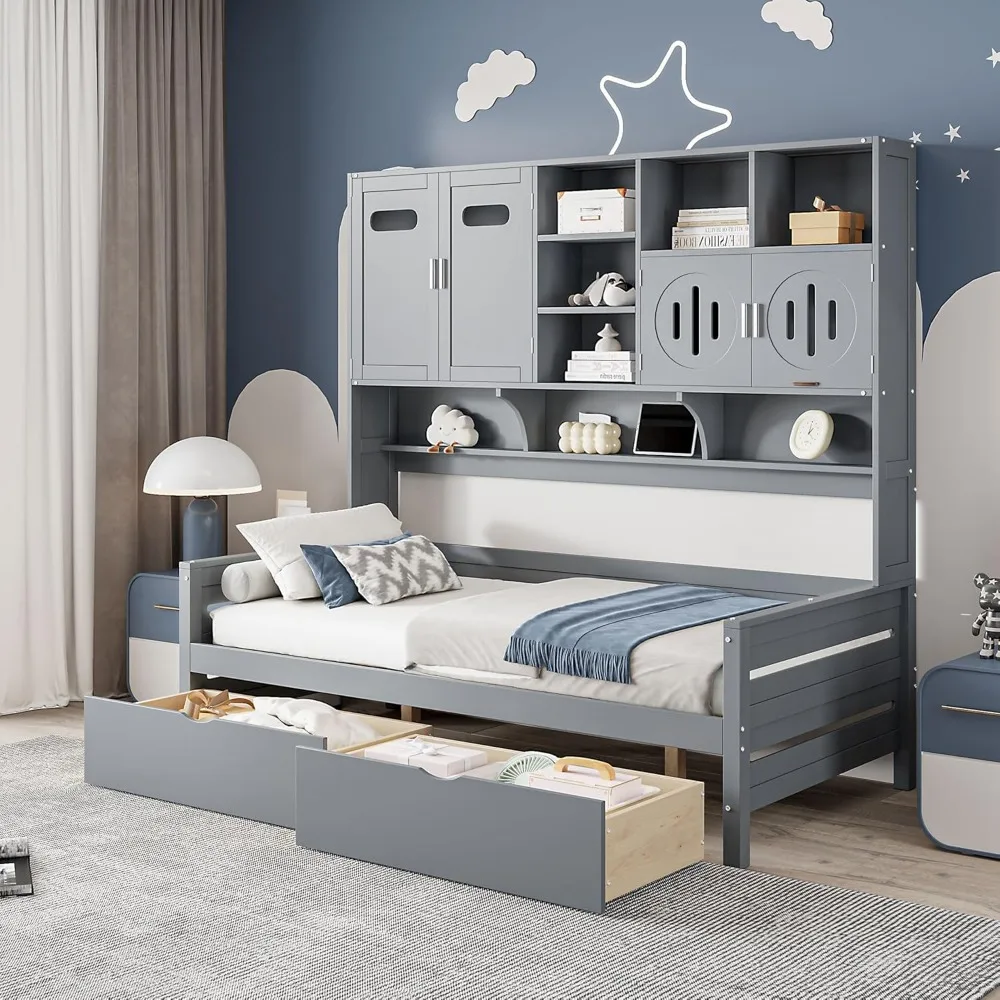 Wooden Twin Daybed with Storage Drawers and Bookcase, Twin Platform Bed with Storage Headboard
Wooden Twin Daybed with Storage Drawers and Bookcase, Twin Platform Bed with Storage Headboard