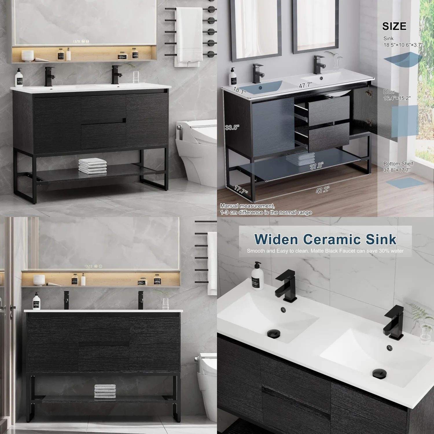 48" Bathroom Vanity Sink Combo Storage Cabinet Metal Frame Open Shelf Soft-Closing Door, Customized
48" Bathroom Vanity Sink Combo Storage Cabinet Metal Frame Open Shelf Soft-Closing Door, Customized