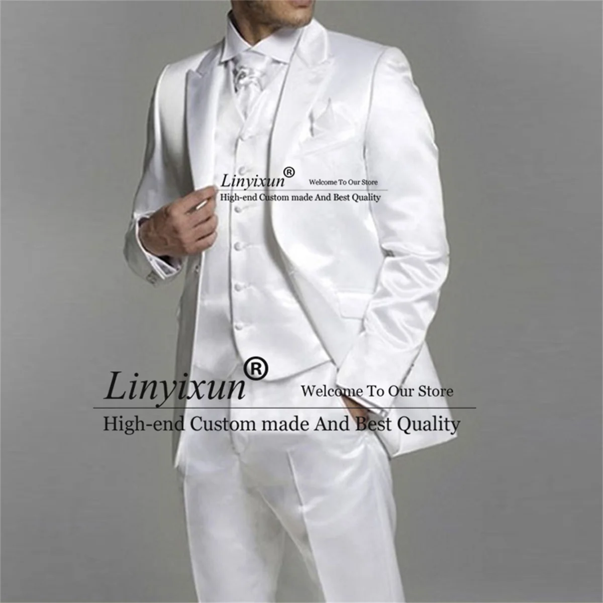 White Wedding Suits For Men With Peaked Lapel Groom Tuxedos 3 Pieces Sets Groomsmen Fashion Blazers Slim Fit Prom Costume Homme
White Wedding Suits For Men With Peaked Lapel Groom Tuxedos 3 Pieces Sets Groomsmen Fashion Blazers Slim Fit Prom Costume Homme
